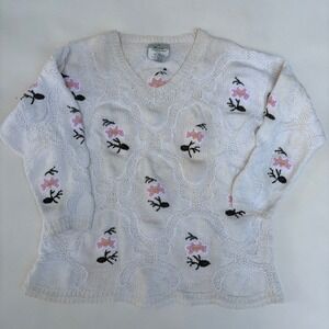 Vintage Express Handknitted Floral Ramie Cotton V-Neck Sweater Cream Pink Medium